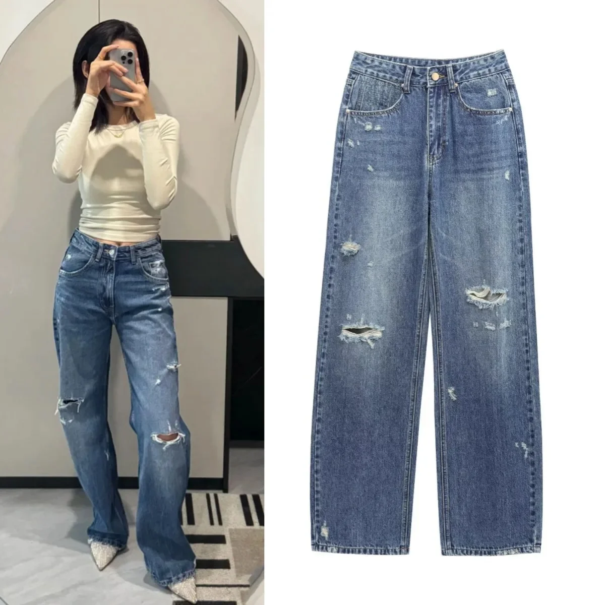 ETJ 2025 Lente nieuwe damesmode uit de 1975-serie met hoge taille, gebogen silhouet, volledig katoenen jeans met oude gescheurde details en wijde pijpen - afbeelding 2