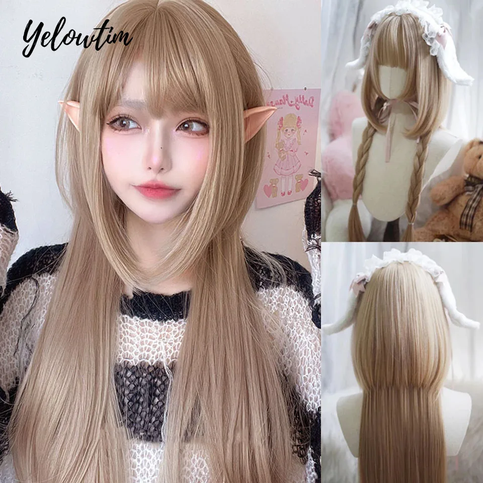 

Yelowtim Wigs Blonde Platinum Golden With Bang Jellyfish Head Long Straight Hair Wig for Women Hime Cut Cosplay Heat Resistant