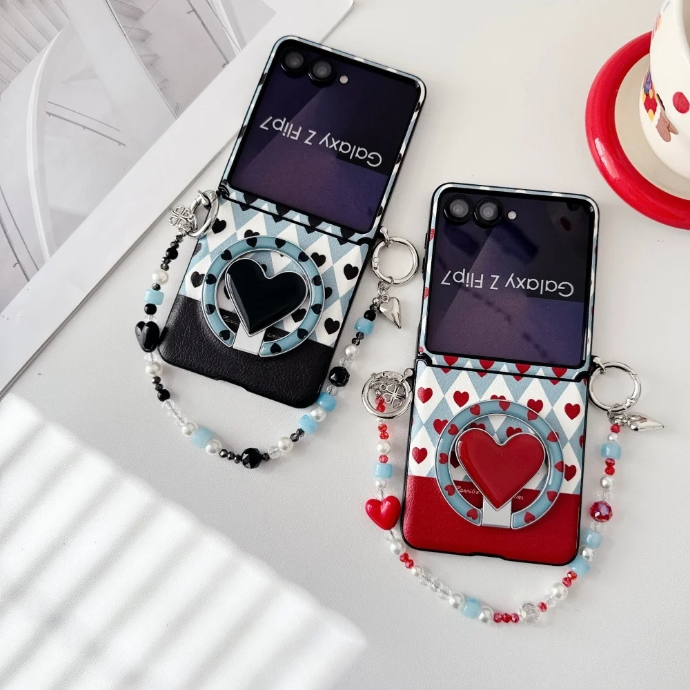 

Fashionable plaid love for magnetic holder mobile phone case,suitable for Samsung Z Flip3 4/5/6/7,new shockproof protective case