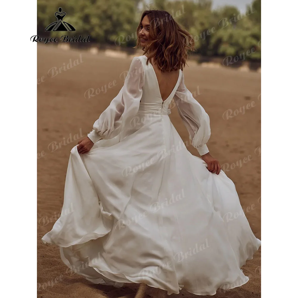 Vestido de fiesta de boda rústico de manga larga de gasa con abertura lateral y cuello en V para mujer, vestido de novia bohemio Elopement, vestidos personalizados