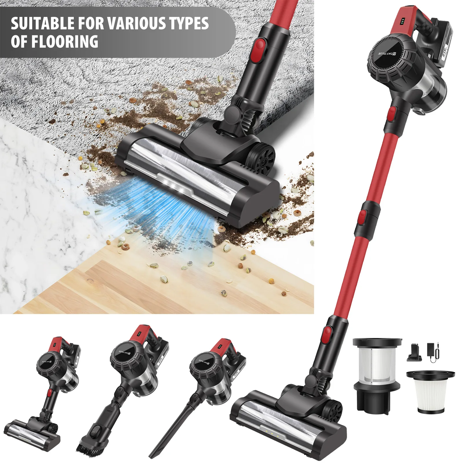 Aspirateur sans fil autoportant, puissant nettoyage en profondeur 15000 Pa, brosse anti-emmêlement, batterie rechargeable, aspirateur léger pour tous types de sols durs, carrelages et poils d'animaux