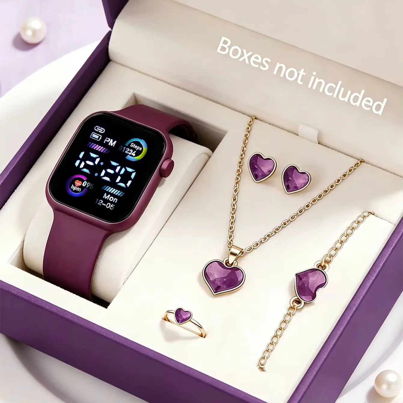 6-Piece Set: Digital Display Women's Electronic Watch and Quicksand Heart Series Jewelry Set, Birthday Gift, Sporty and Elegant, Suitable Gift for Giving