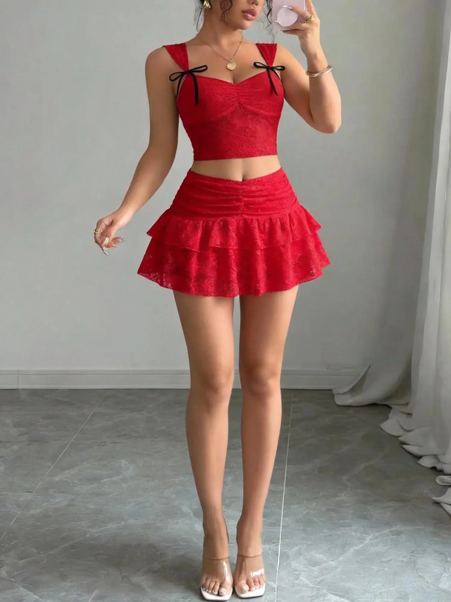Women's 2 Piece Outfit Lace Camisole Top with Pleated Bust & Bow Decor, Low Waist Ruffle Lace Hem Skort, Sweet Cute Elegant Vint