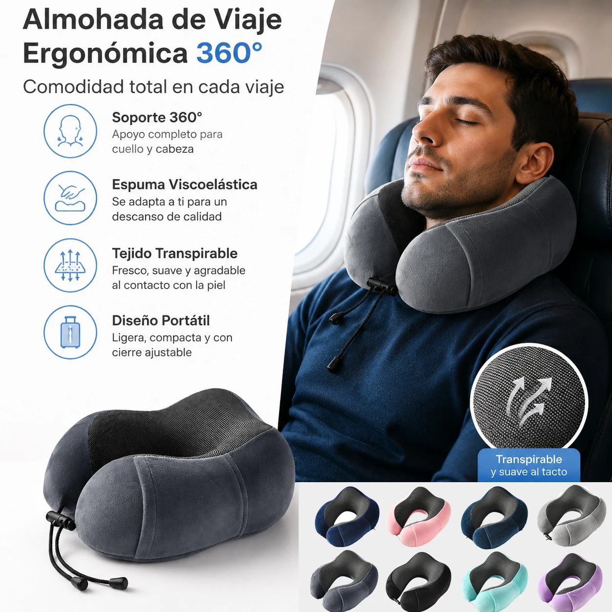 Oreiller de voyage ergonomique en forme de U avec mousse à mémoire de forme, soutien à 360° ° Pour le cou et la tête, t…