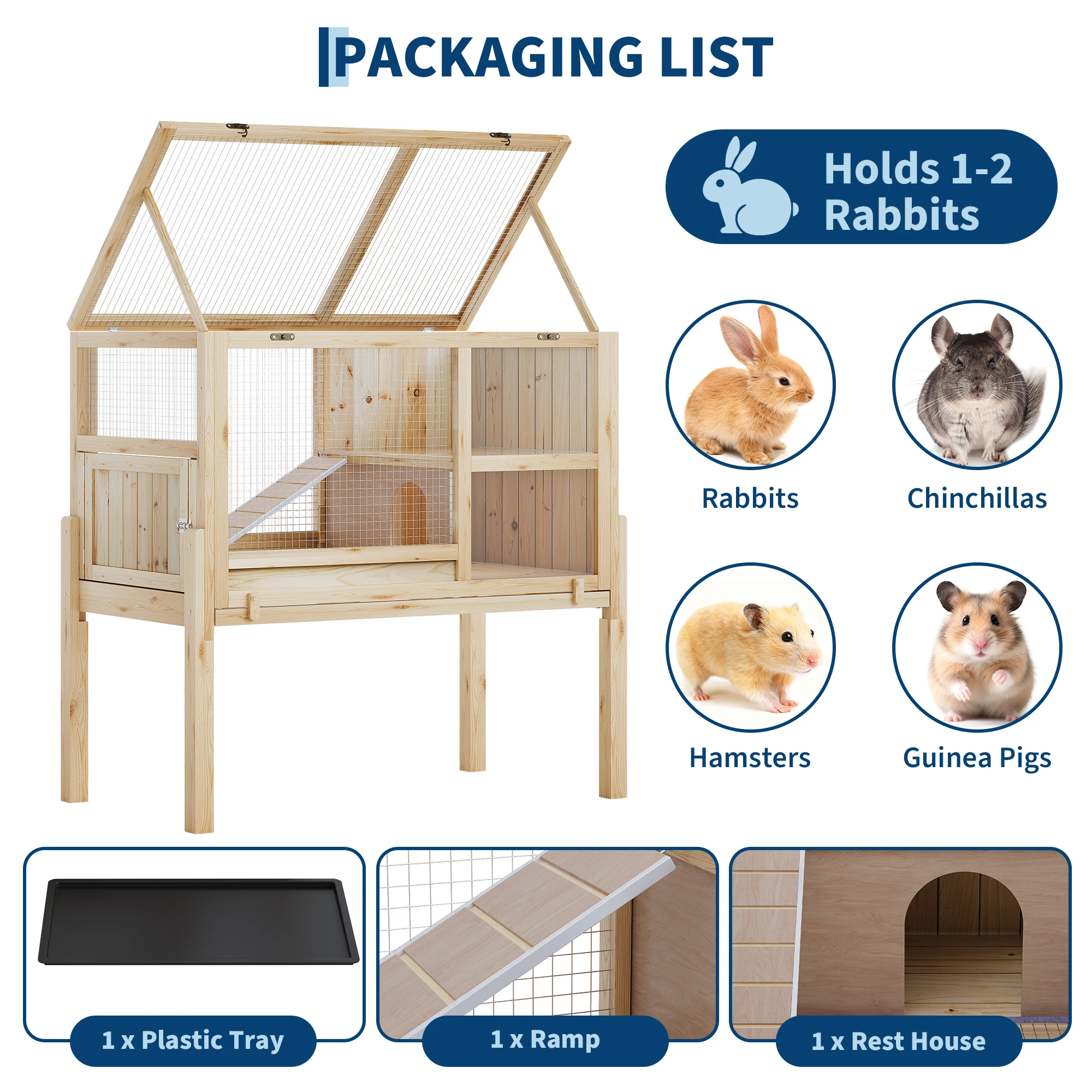 Houten konijnenhok met 2 niveaus voor binnengebruik, hamsterkooi met verhoogde standaard, te openen dak, transparant acrylvenster, lekvrije uittrekbare lade & oploop. Ideaal voor cavia's,