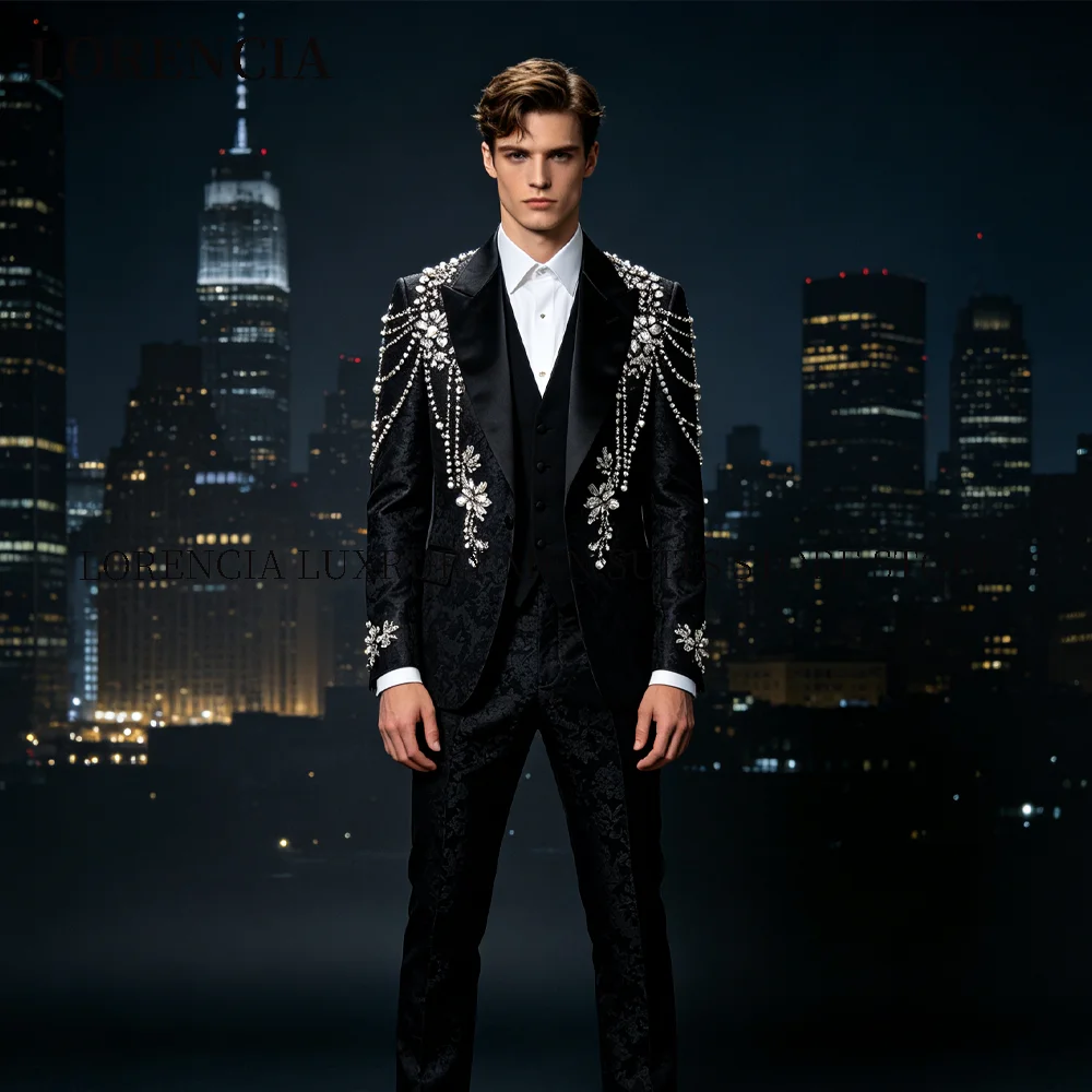 Luxury Jewelry Beaded Men Suit 3 Pieces Set Male Party Blazers Customized Groom Evening Tuxedos Slim Jacquard trajes para hombre