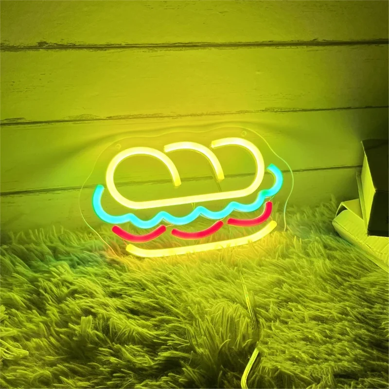 Letrero de neón de Baguette de sándwiches, letrero de neón LED personalizado para restaurante de hamburguesas, decoración de pared del hogar, decoración del Hoagie, comida rápida, cafetería