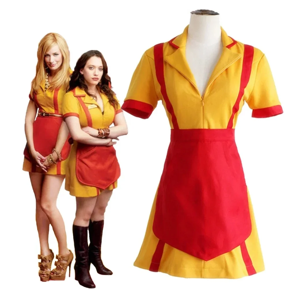 Movie 2-Broke Girls Max Caroline Caroline Cosplay Kostuum Vrouwen Halloween Party Korte Mouw Gele Schort Jurk - afbeelding 2