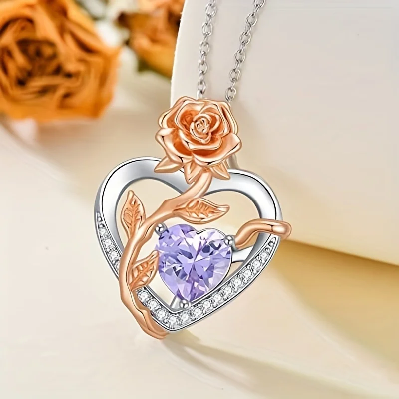 Purple Love Rose Heart Birthstone Necklace Women Christmas Anniversary Birthday Valentine's Day Mother's Day Jewelry Gift for Wi