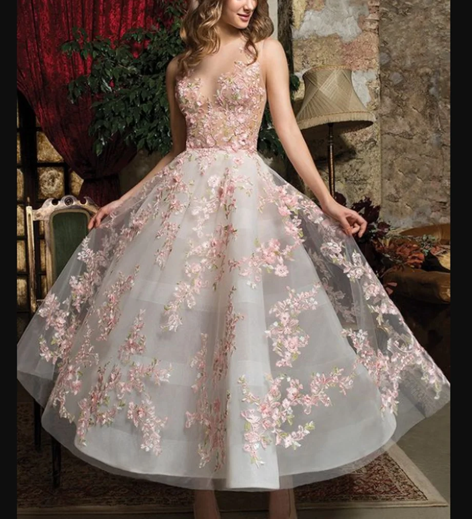 2023 Grey Tulle Organza Floral Cocktail Dress Elegant Sleeveless Elegant Prom Party Evening Gown Luxury Ankle Homecoming Robe