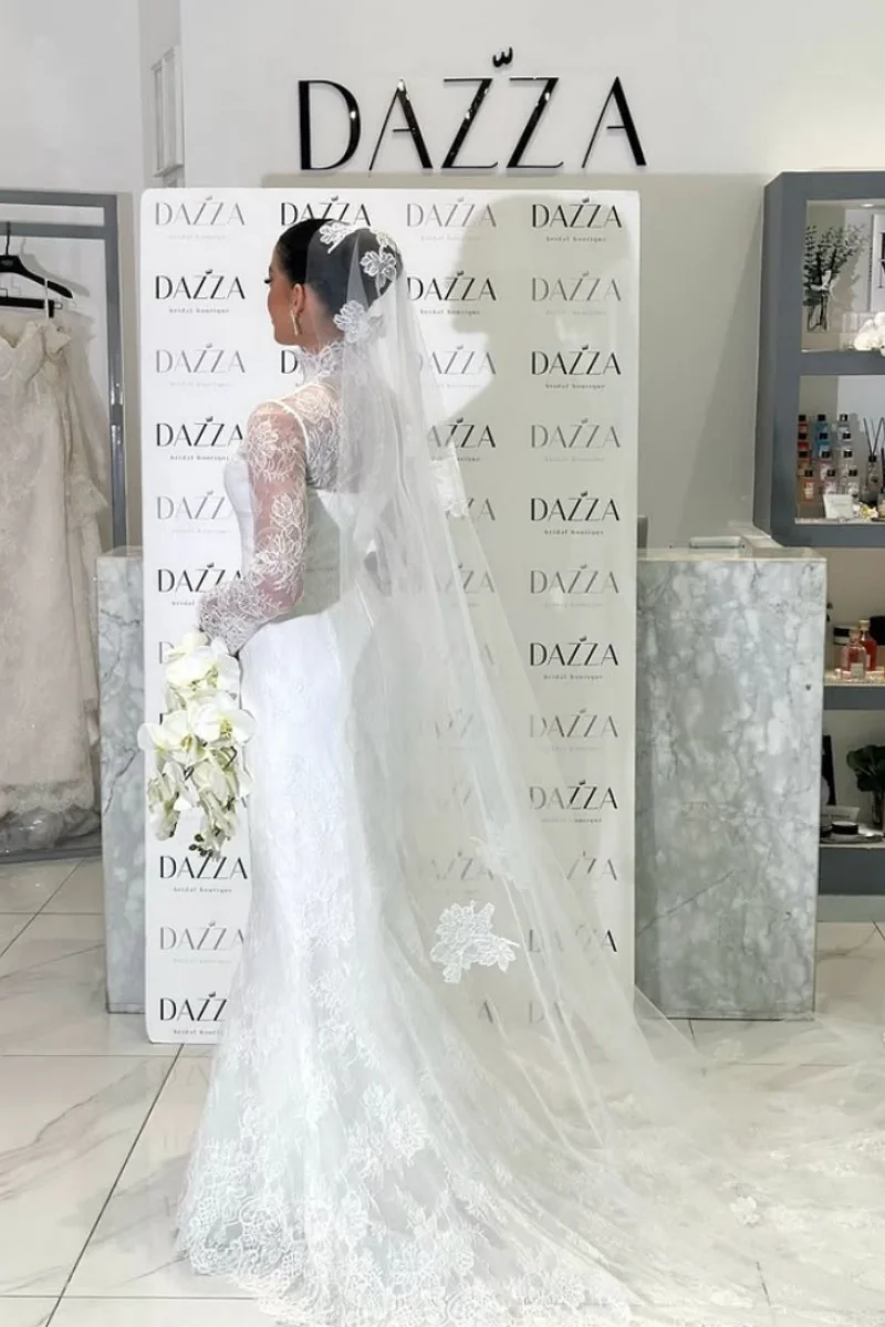 Jessica elegante gola alta vestidos de noite luxo rendas mangas compridas vestidos de baile ocasiões formais vestido de casamento cabido