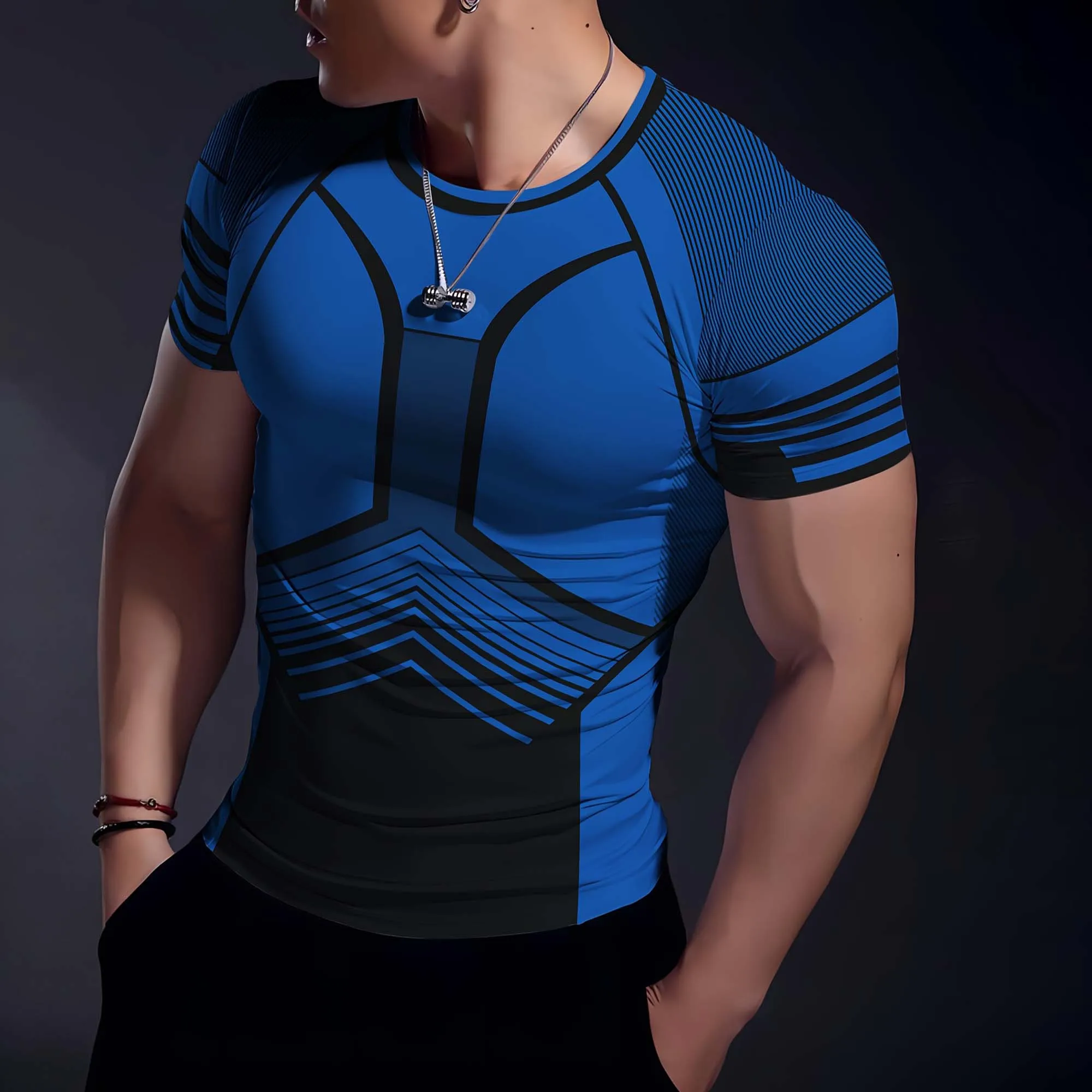 Herren 3D-Druck Geometrisches Streifenmuster Kompressions-T-Shirt Schnelltrocknend Kurzarm Fitness Lauf- und Trainings-Oberteil – Detail 2