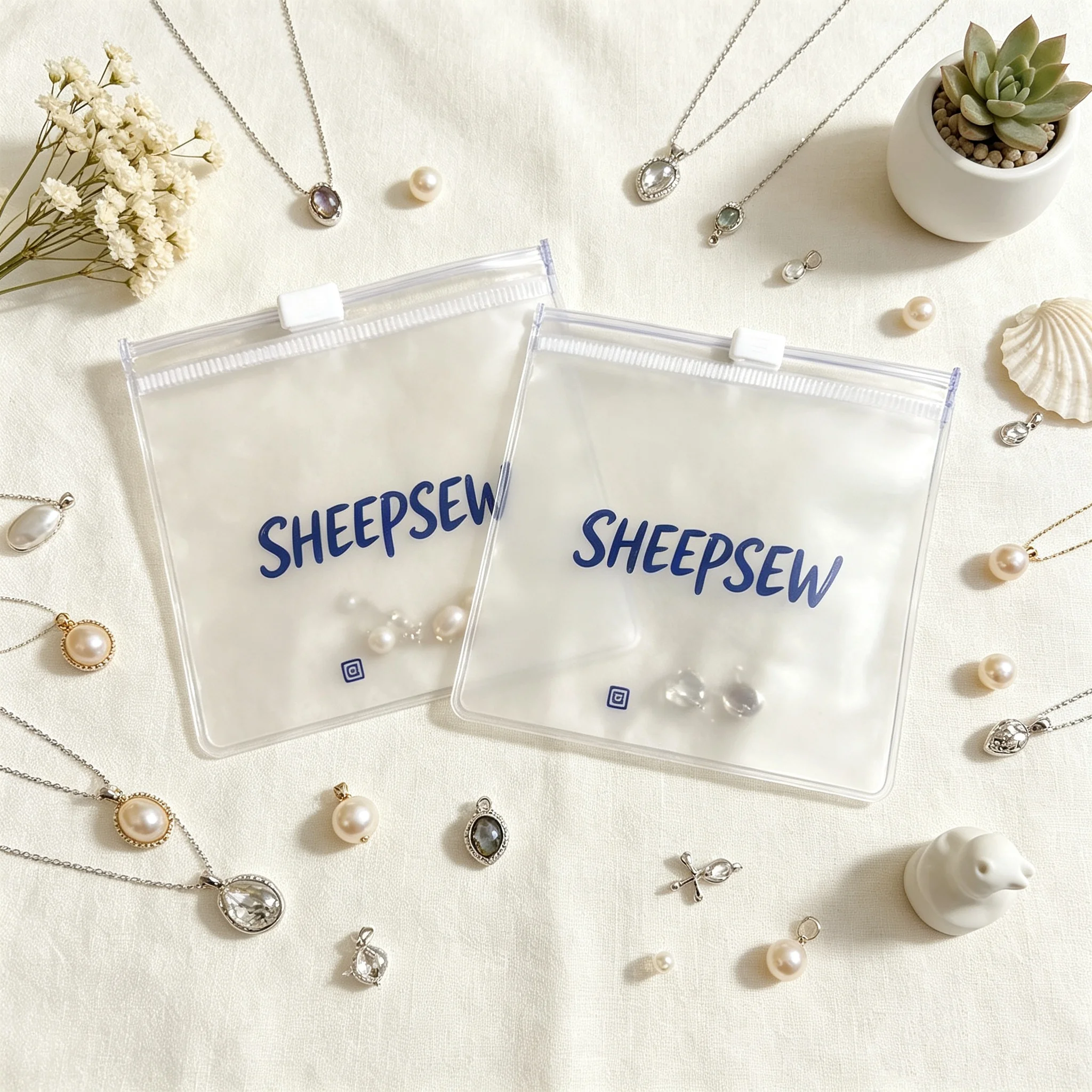 50pcs Custom Transparent PVC Zipper Bag with White Zipper and Blue Logo for Jewelry Packaging OEM
