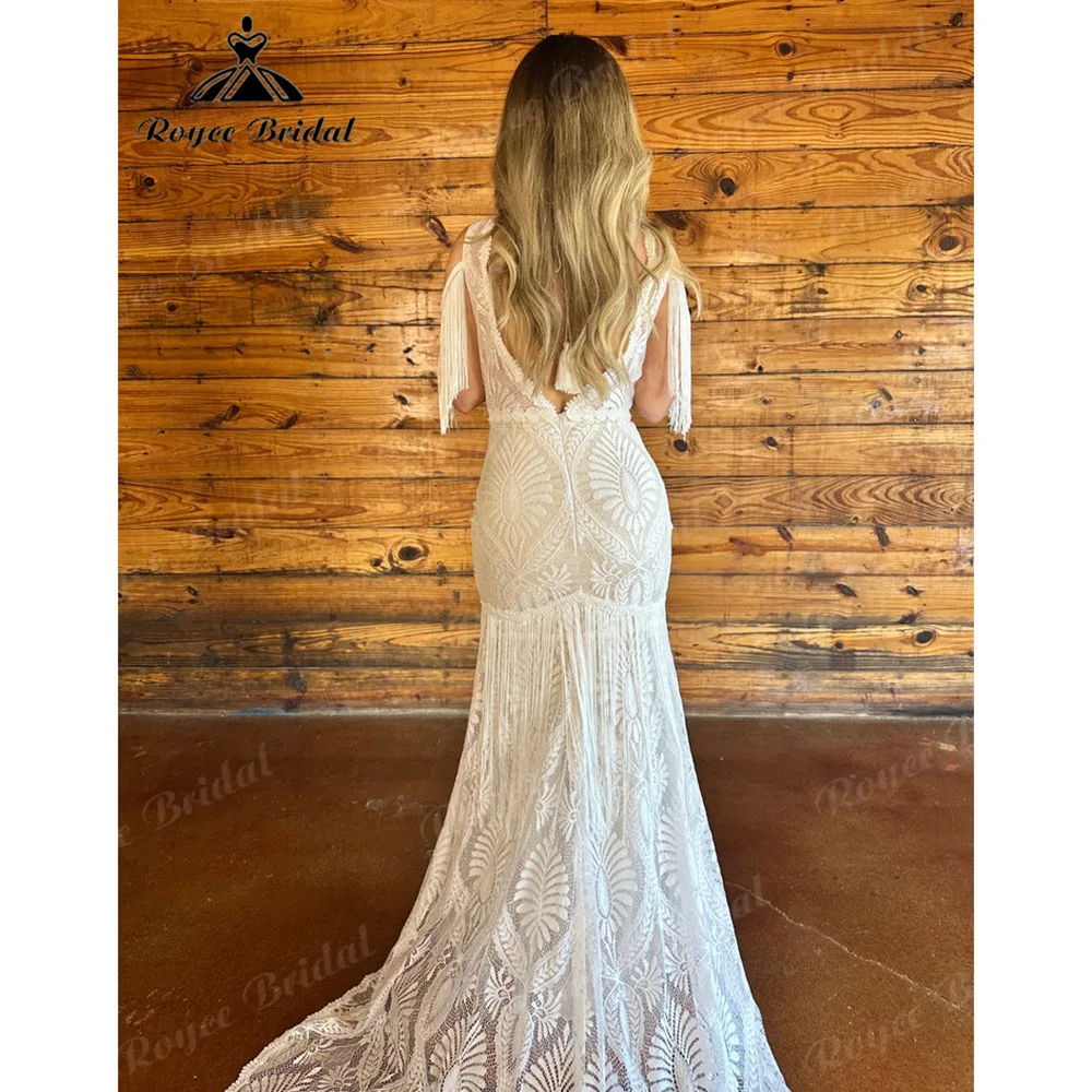 Plunging Deep V Neck Lace Tassel Mermaid Hippie Fringed Wedding Dress for Women 2025 Customized Bridal Gown vestidos boda civil