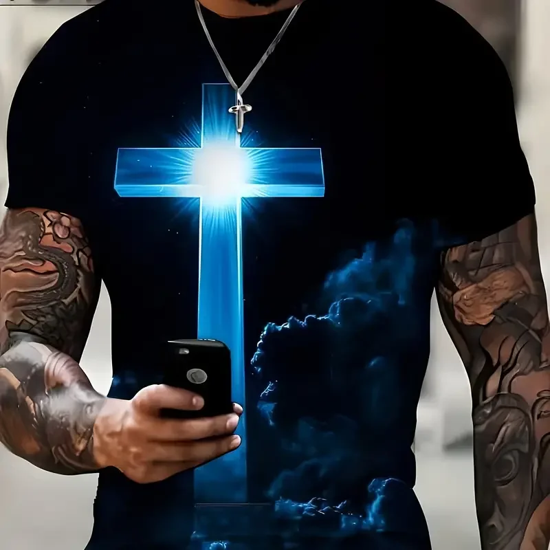 Vintage Men\'s T Shirt JESUS 3D Printed Christian T-Shirts Summer Short Sleeve Tops Casual Streetwear Oversized Tee Men Clothing