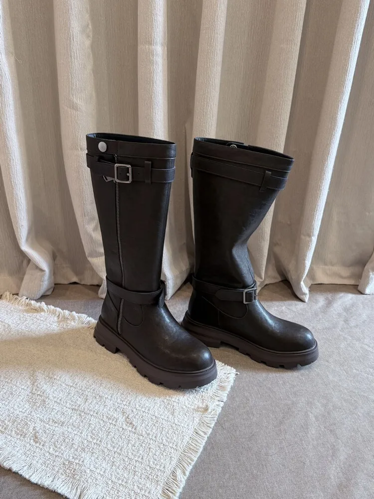 BANFANG 4cm Vintage Buckle Knee High Knight Boots Women Thick Sole Side Zipper Genuine Leather Chunky Heel Slim Western Shoes