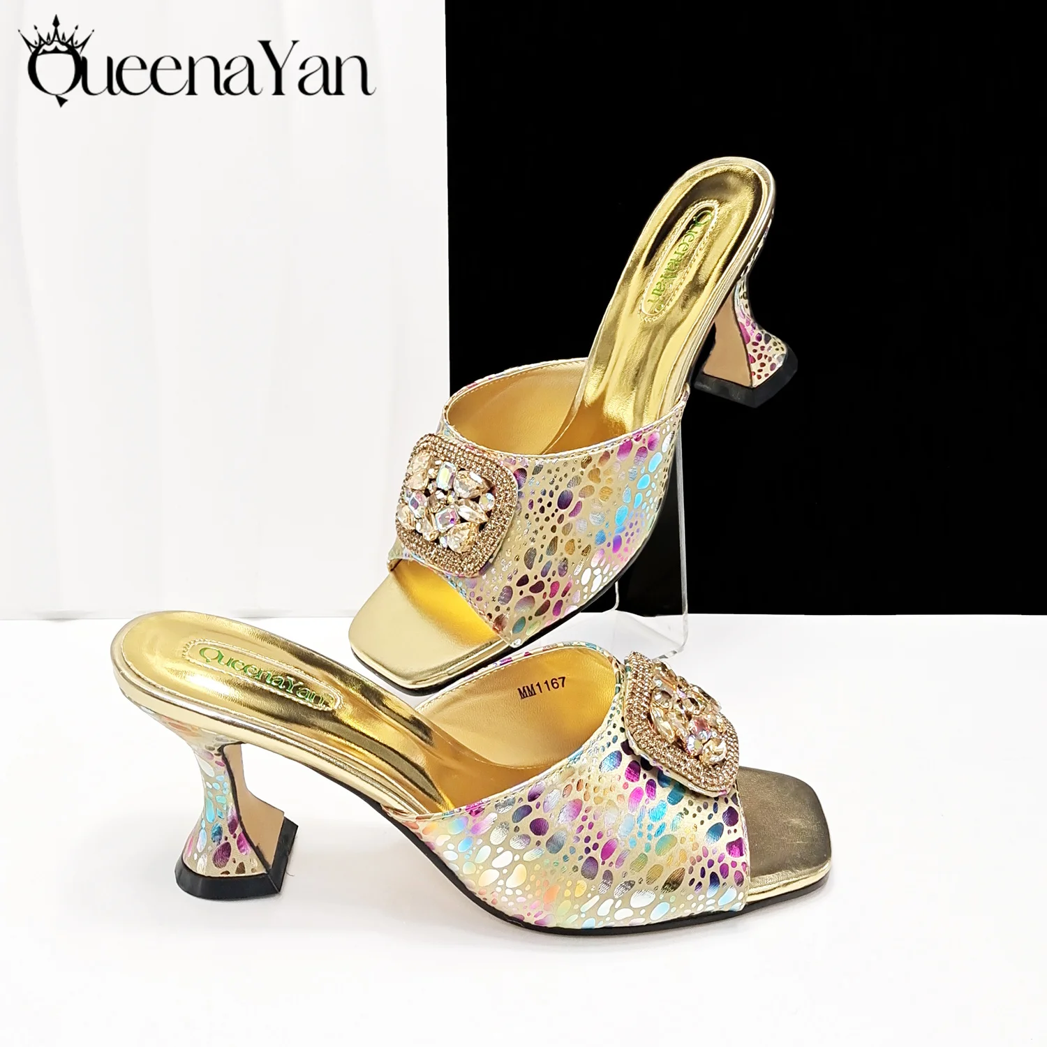 

Queena Yan Latest Fashion Women’s Gold Pointed Toe Sandals With Matching Handbag Set -Perfect for Weddings and Parties