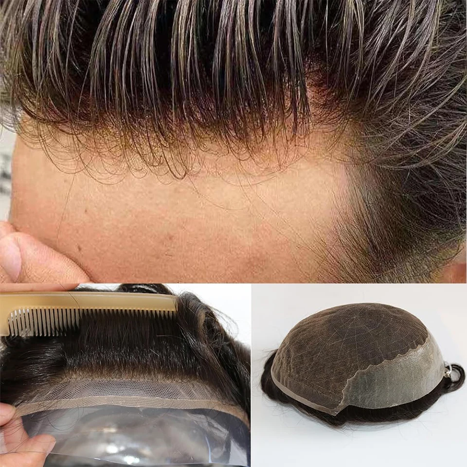 Toupet en dentelle suisse HD pour hommes, base en PU, cheveux bruns naturels avec cheveux gris, système de remplacement de cheveux 100% humains, délié naturel, Q6