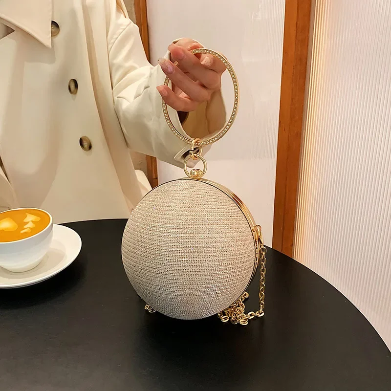 Okrągły pierścień przenośne torebki wieczorowe metalowe srebrne okrągłe torebki kulkowe na szminkę elegancka luksusowa torebka z kopertówką portfele ślubne — zdjęcie 2