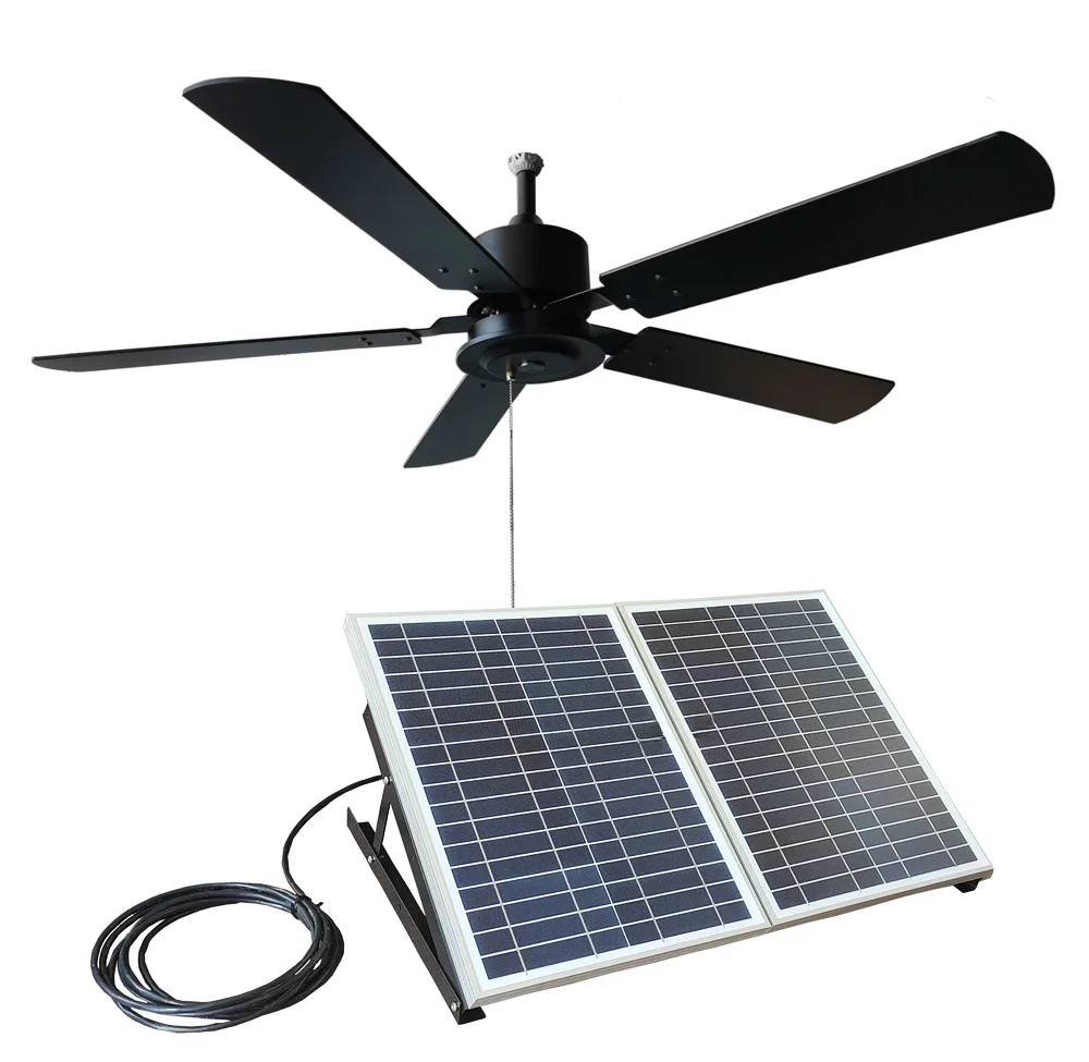 52 Inch Black Outdoor Solar Wooden Ceiling Fan 40W Solar Panel For Porch Patio Gazebo Breezeway Pergola Shelter