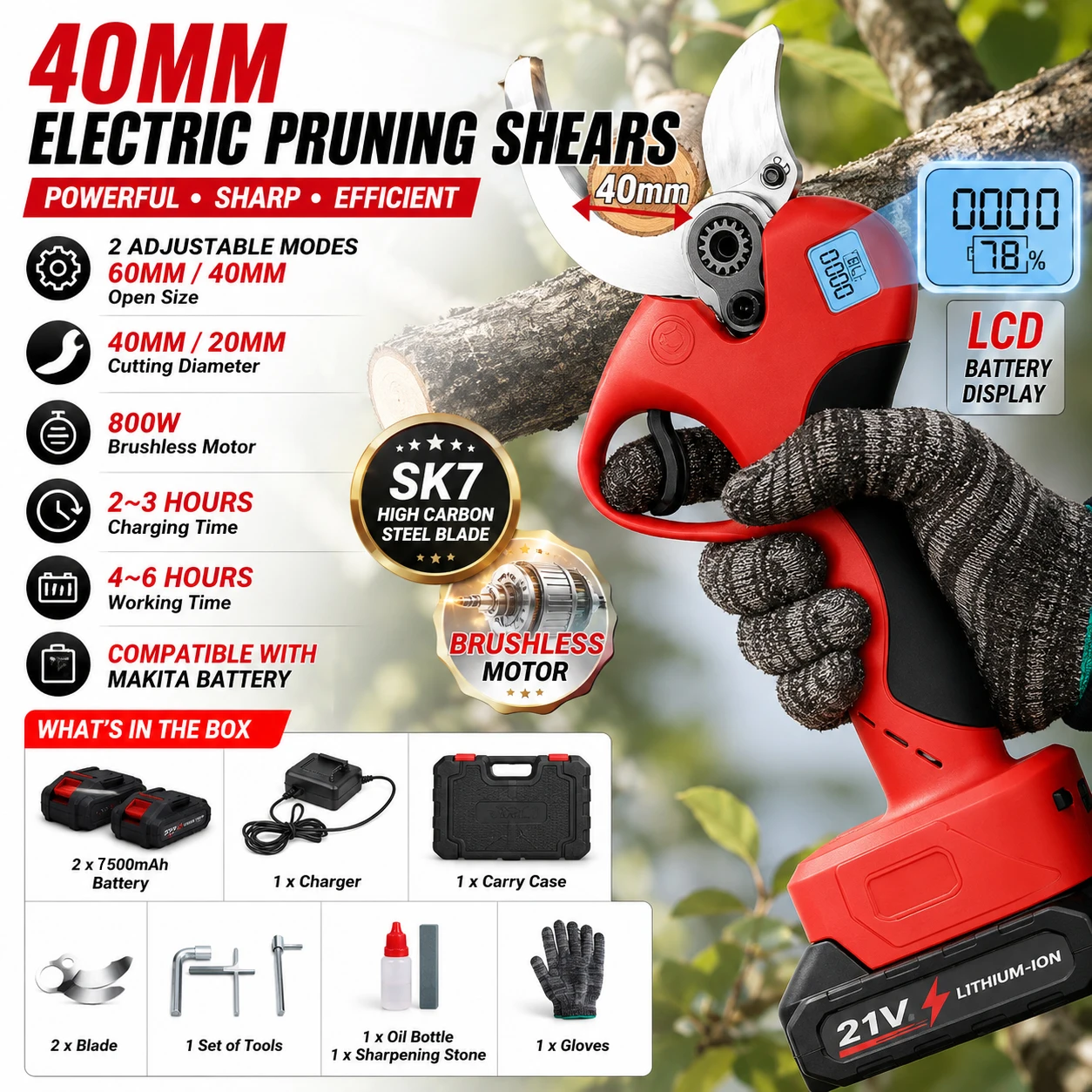 40mm Akku-Elektro-Astschere mit LCD-Anzeige, bürstenloser Gartenschneider für Makita 18V Akku, Obstbaum- und Weinreben-Astschneider