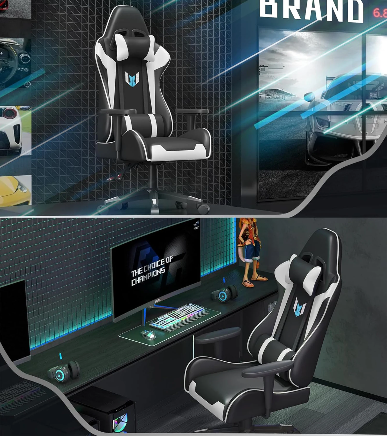 Bigzzia Gaming Chair Computer Chair Ergonomic-Gamer Chairs with Lumbar Cushion Headrest Height Adjustable Gaming Office Chair