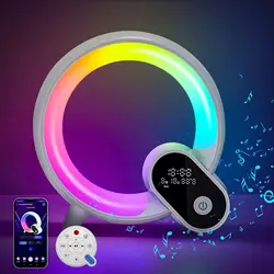 Q-Shaped Dimmable Night Light, Multi-Function Despertador, Alto-falante Bluetooth, Controle de aplicativos, RGB Mood Lamp, Quarto