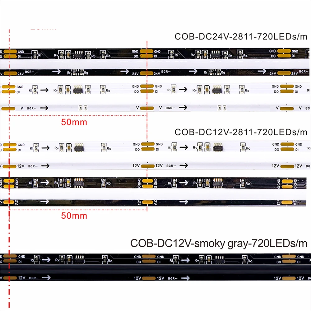 WS2811 COB LED Strip Light DC24V 720LEDs/m High Density SPI Pixel Addressable RGB Full Color Smoky Gray Encapsulation Flexible R