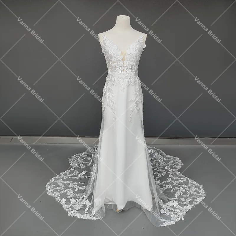 Alças de espaguete sereia bordado laço vestido de casamento feito sob encomenda aberto voltar ver através de alças de espaguete v pescoço vestidos de noiva