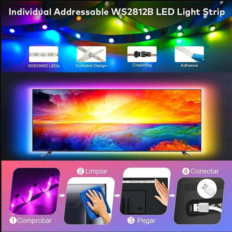 Imagem -04 - Faixa Led Rgb para Decoração de Quarto Usb Controle Bluetooth Efeito Perseguidor Lâmpada Flexível Fita Rgb 5050 Dc5v Ws2812b 130m