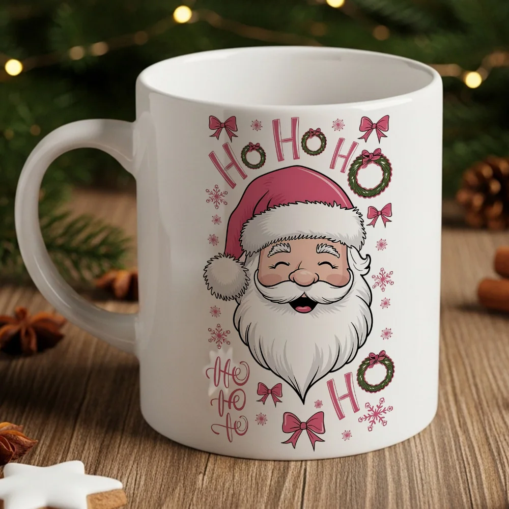 A Christmas-Themed Coffee Mug with a Santa Claus Design, Perfect for the Holiday Season This Cute Mug Features Santa Claus Decorated with Snowflakes, Bows, and the Words 