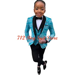 New Fashion Boys Suit Wedding Tuxedo 3-Piece Set Floral Jacket Pants Vest Bow Tie Kids Fashion Slim-fit Blazer