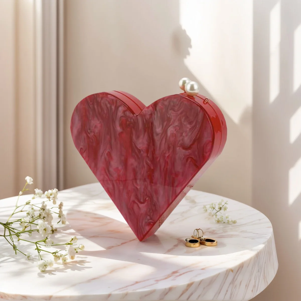 

Женский акриловый мраморный вечерний клатч, красная сумочка в форме сердца, повседневный кошелек через плечо для свадебной вечеринки