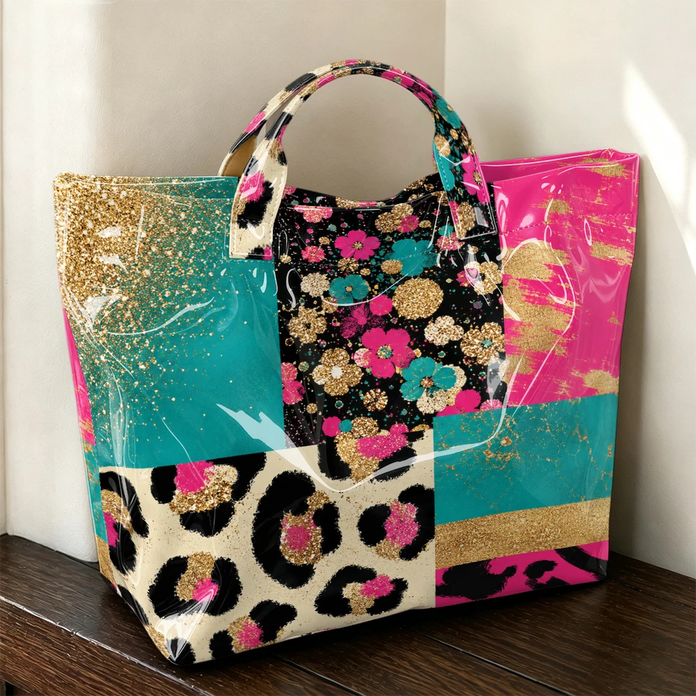1pc Bump Color Leopard Pattern Floral Gold Foil Stitching Bright PVC Tote Bag, Trend Mix and Match Art Printing, Large-Capacity Handbag, Outdoor Travel Commuting, Storage Beauty Books, Travel Paraphernalia, Short Handle Handbag.