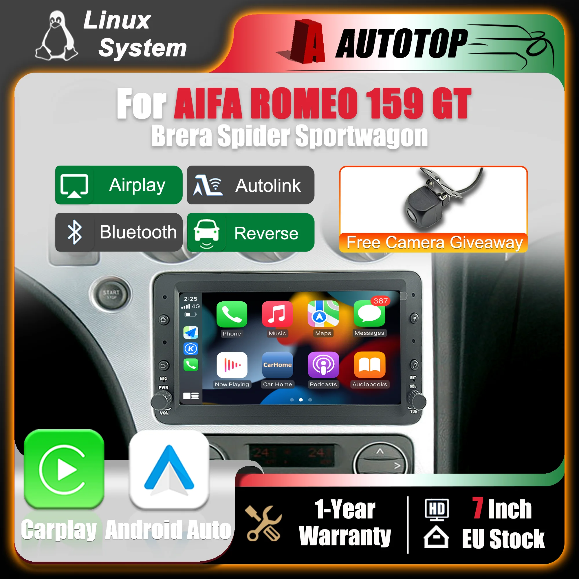 Écran multimédia 7 pouces avec système Linux, CarPlay sans fil et Android Auto pour Alfa Romeo 159 GT Brera Spider Sportwagon 2005-2012, autoradio Bluetooth, GPS, navigation, DSP, écran tactile, caméra de recul