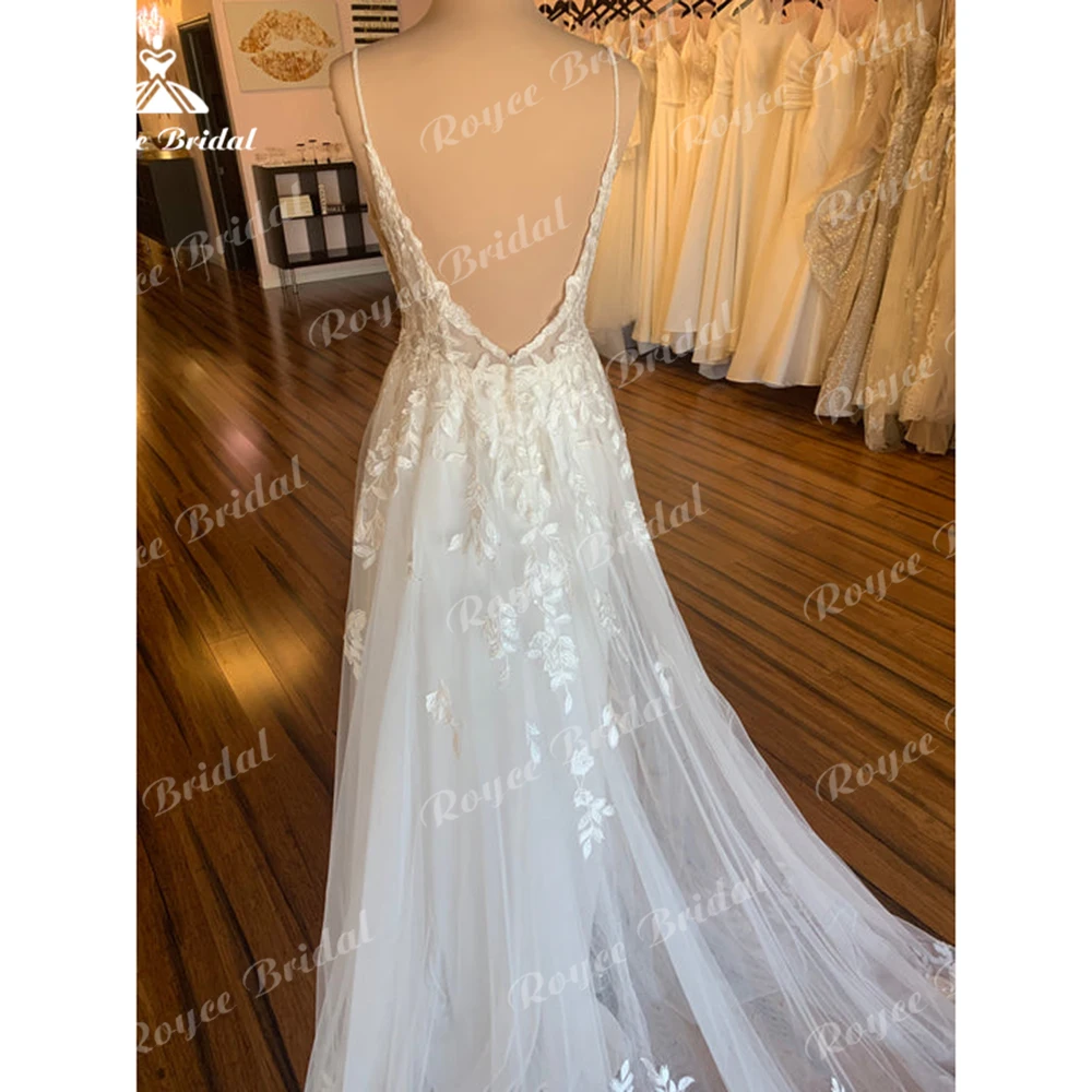 Vestido de casamento boho com decote V feminino, alças de espaguete sem costas, renda, apliques, linha A, personalizado, vestidos de noiva de praia