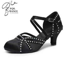 Meninas preto dedo do pé fechado sapatos de dança latina mulher strass bachata salsa sapatos para crianças latina salto alargamento 7.5cm