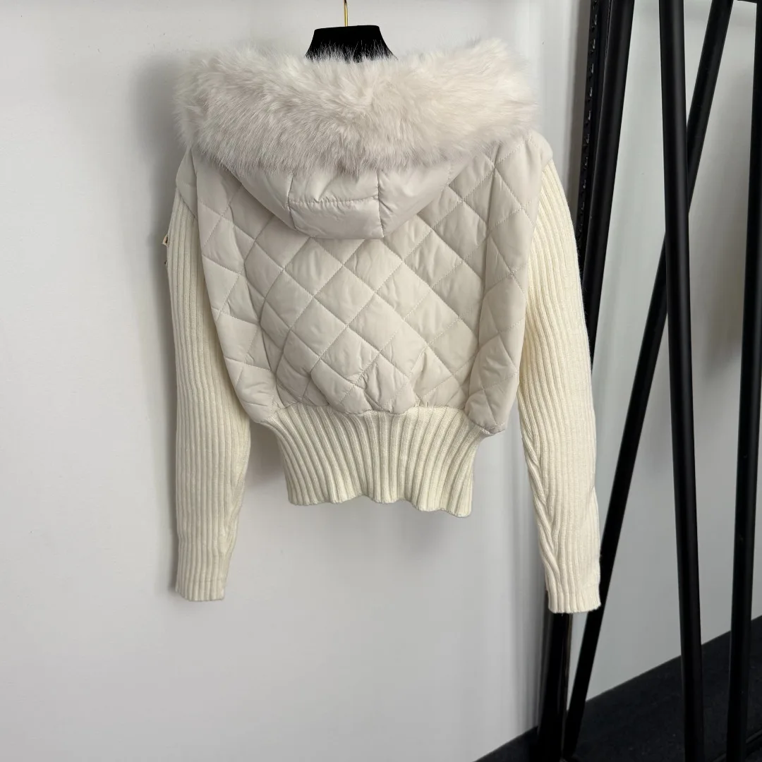 

25 Autumn/Winter New Hooded Knitted Splicing Cotton Jacket Long Sleeve Coat Fashion Zipper Jacket Warm Top