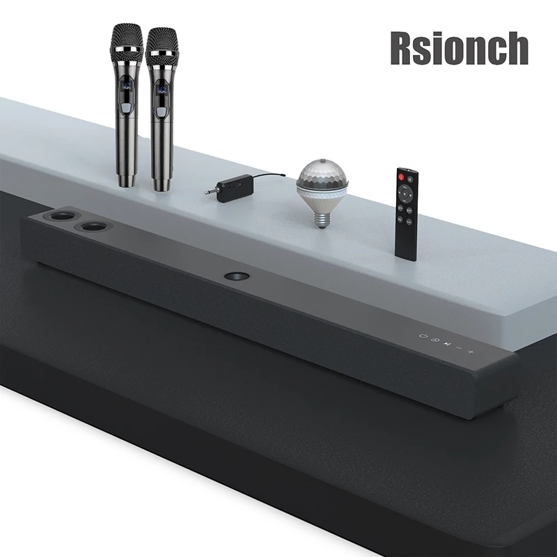 Rsionch Karaoke Soundbar with Stage Bulb Wireless Microphones Remote 60W Bluetooth Speaker Sound Bar for TV Laptop Projector