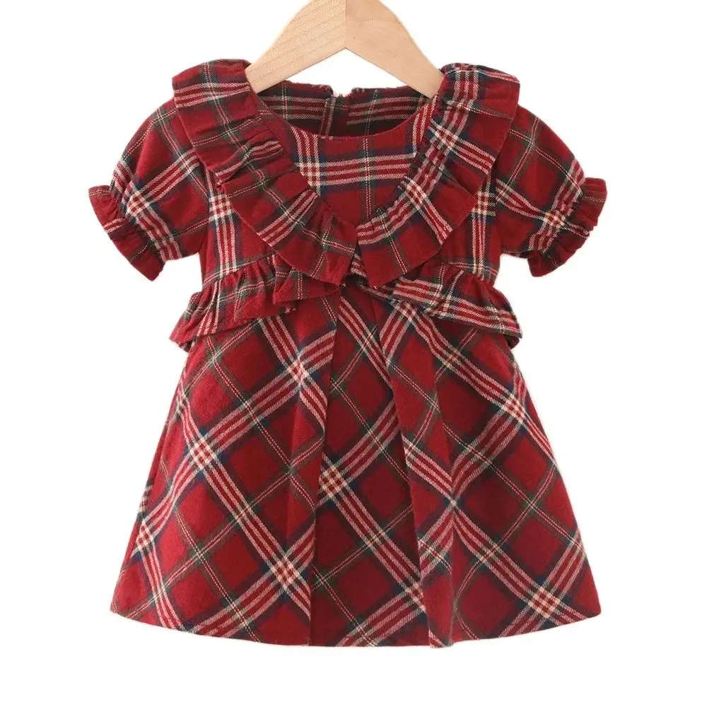 Toddler Baby Girl Plaid Ruffle Trim Short Sleeves Dress Little Kids Christmas Style Red Outfits