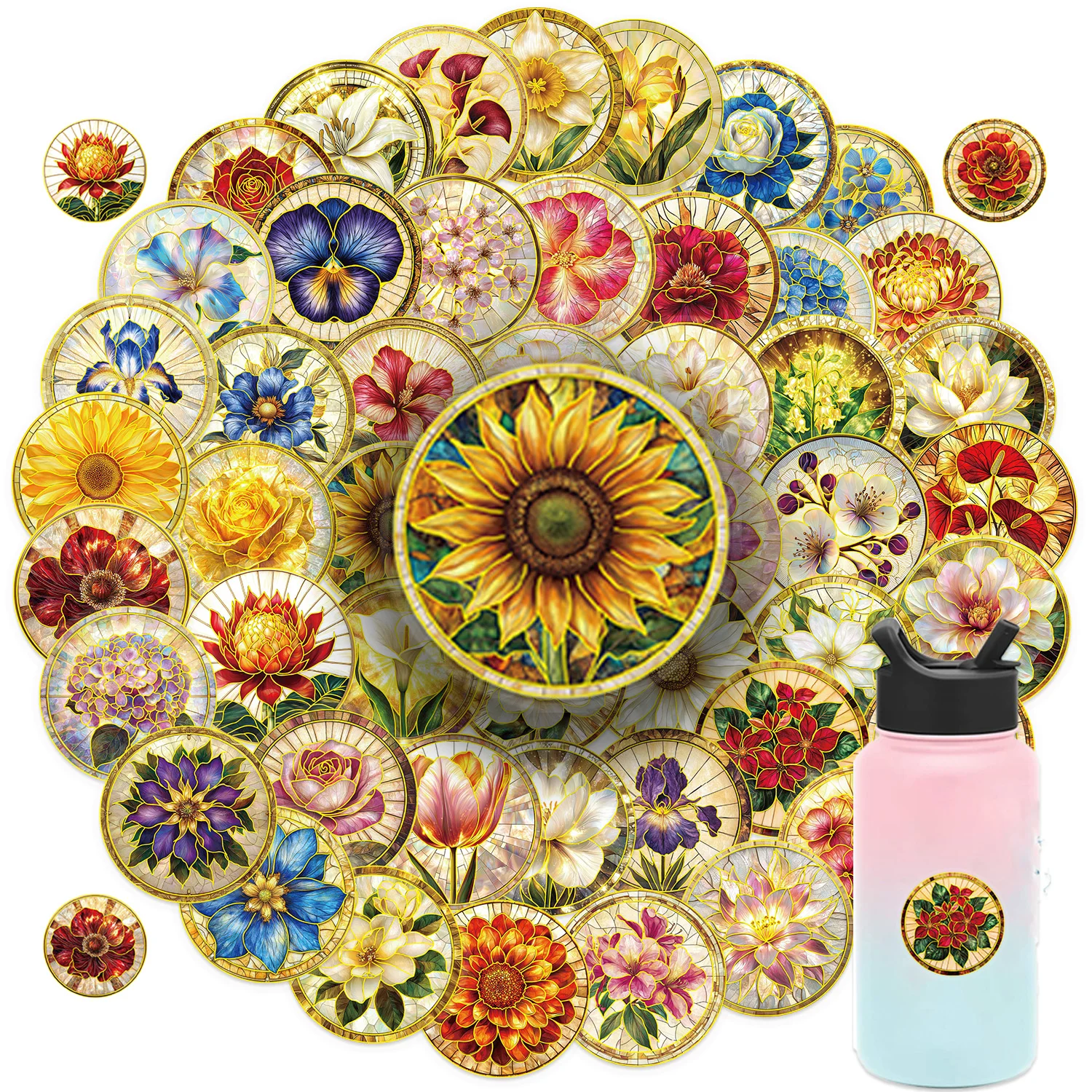 50/100PCS Floral Transparent Flower Stickers Aesthetic Guitar Skateboard Stationery Luggage Scrapbooking Laptop Suitcase Sticker