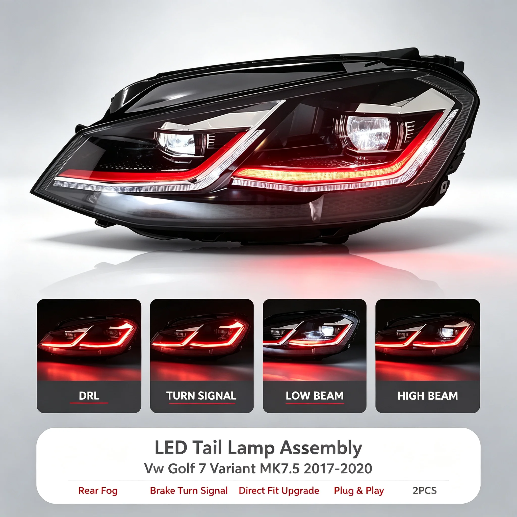 LED-Rückleuchten für VW Golf 7 Variant MK7.5 2017-2020, Nebelschlussleuchte, Bremslicht, Blinker, Direkter Austausch 2 Stück