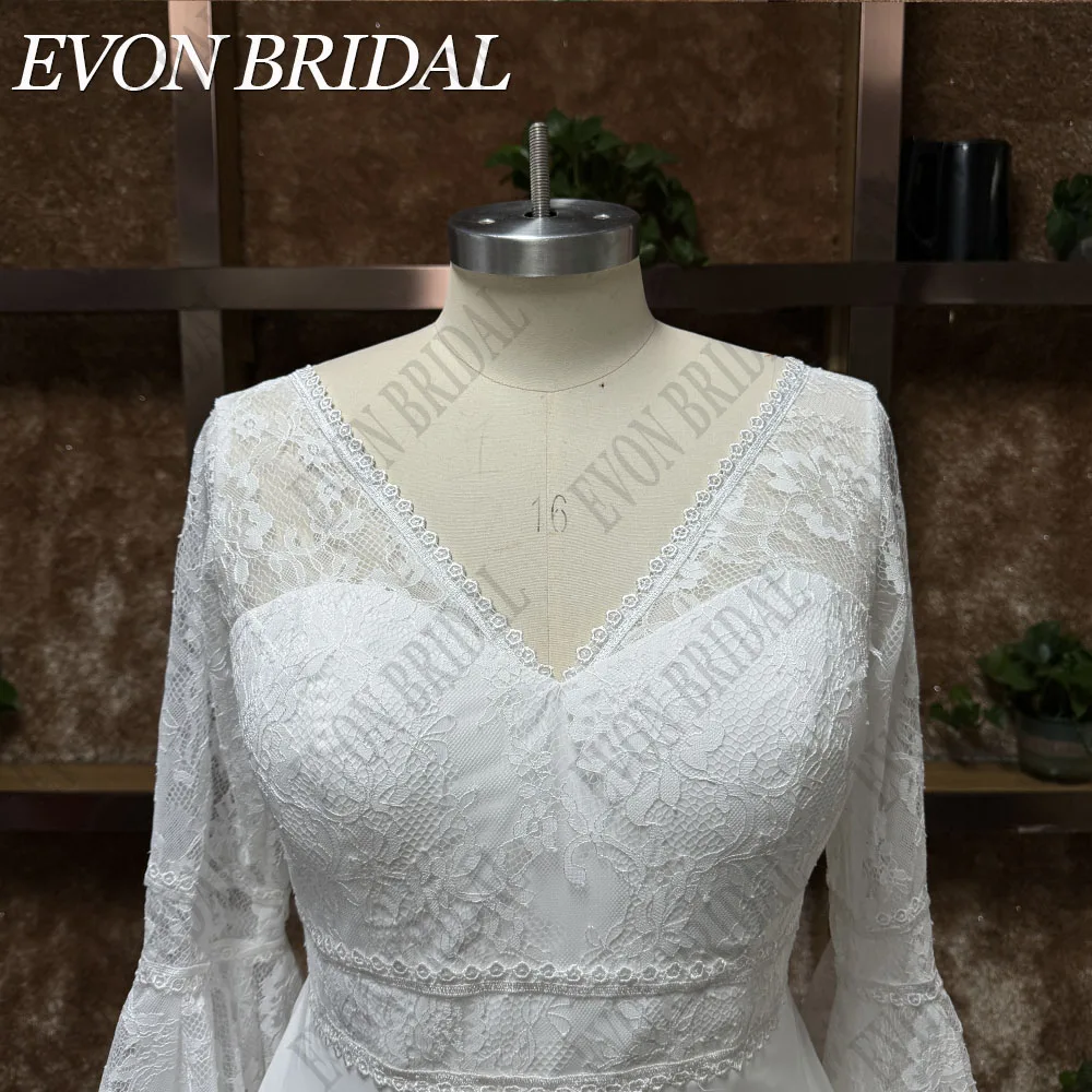 EVON BRIDAL Chiffon Flare Sleeves Wedding Dress Plus Size V-Neck Lace A-Line Vintage Bridal Gowns Custom Made Vestido De Novia