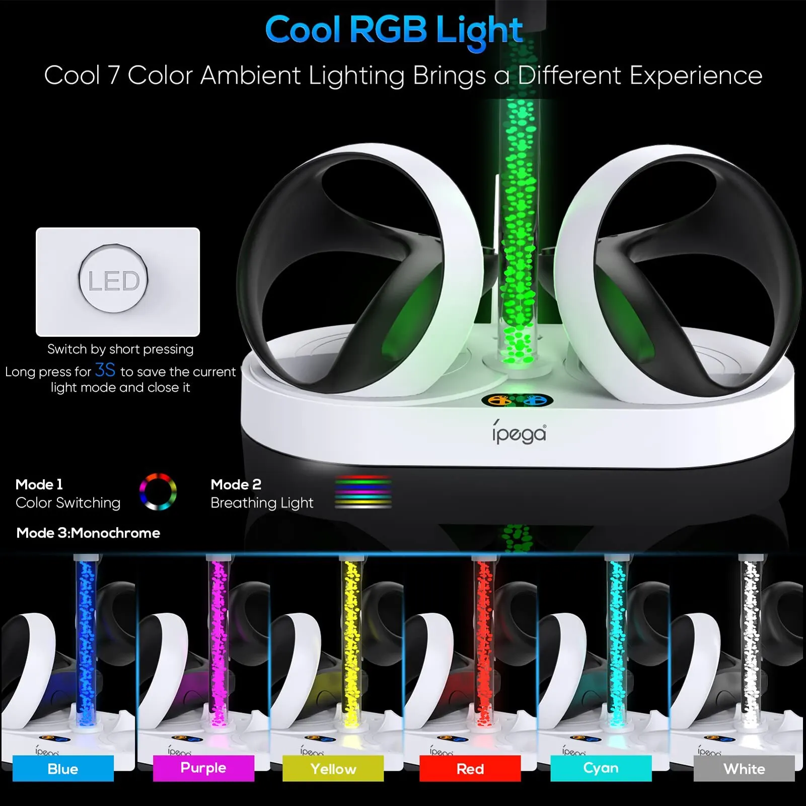 Charging Station for PS VR2 Rainbow RGB Light Vertical Stand Dock Support for Display Accessories with 4 Type-C Can Store Glass