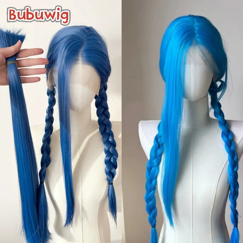 

Bubuwig Lace Hair Jinx Cosplay Wigs Game LOL Jinx Role Play Halloween 100cm Long Straight Blue Lace Wig Party Cos Heat Resistant