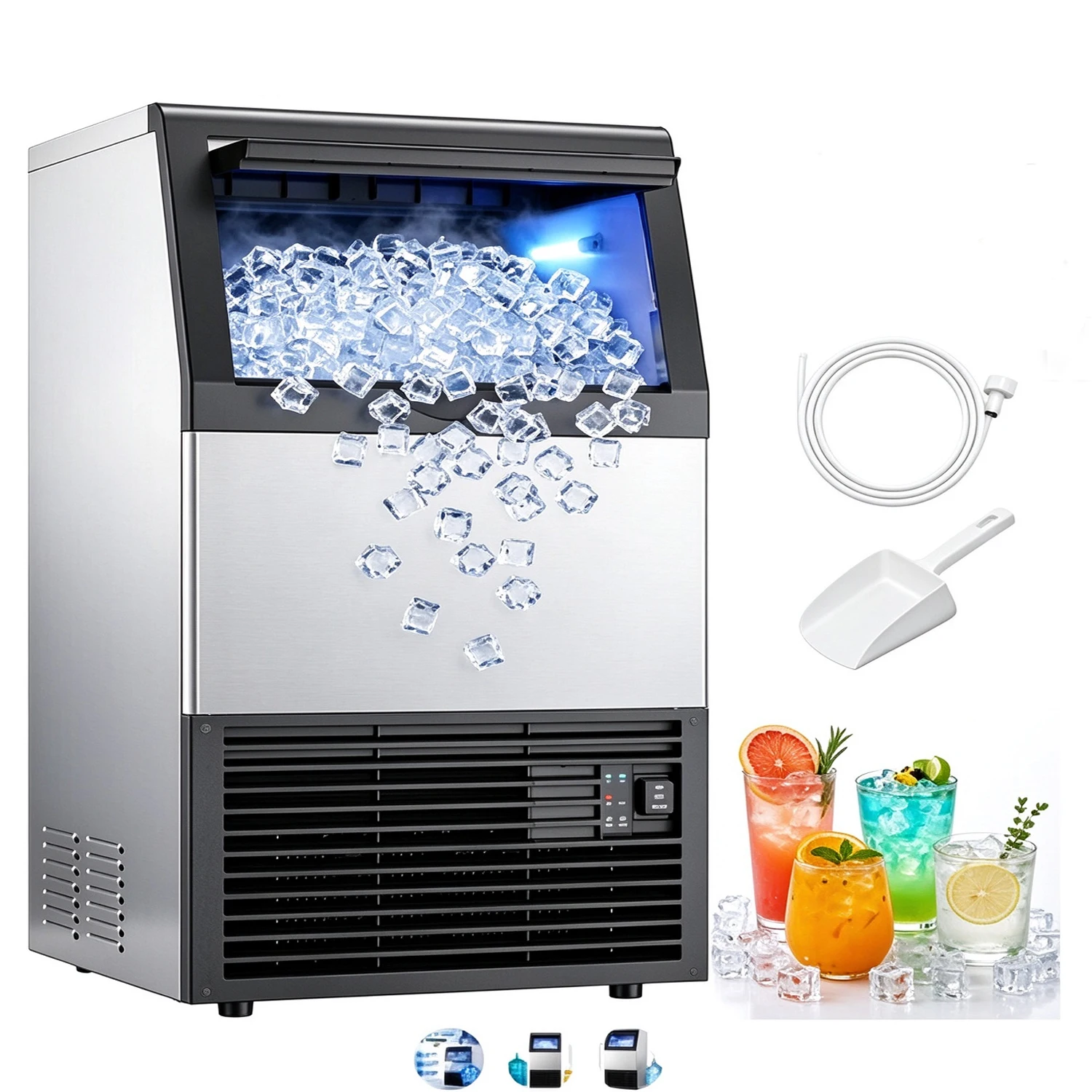 Commercial Ice Maker Machine, 160lbs/24H with 33lbs Ice Storage Under Counter Ice Machine, Stainless Steel Built-in Freestanding Ice Maker Self-Cleaning for Home Bar