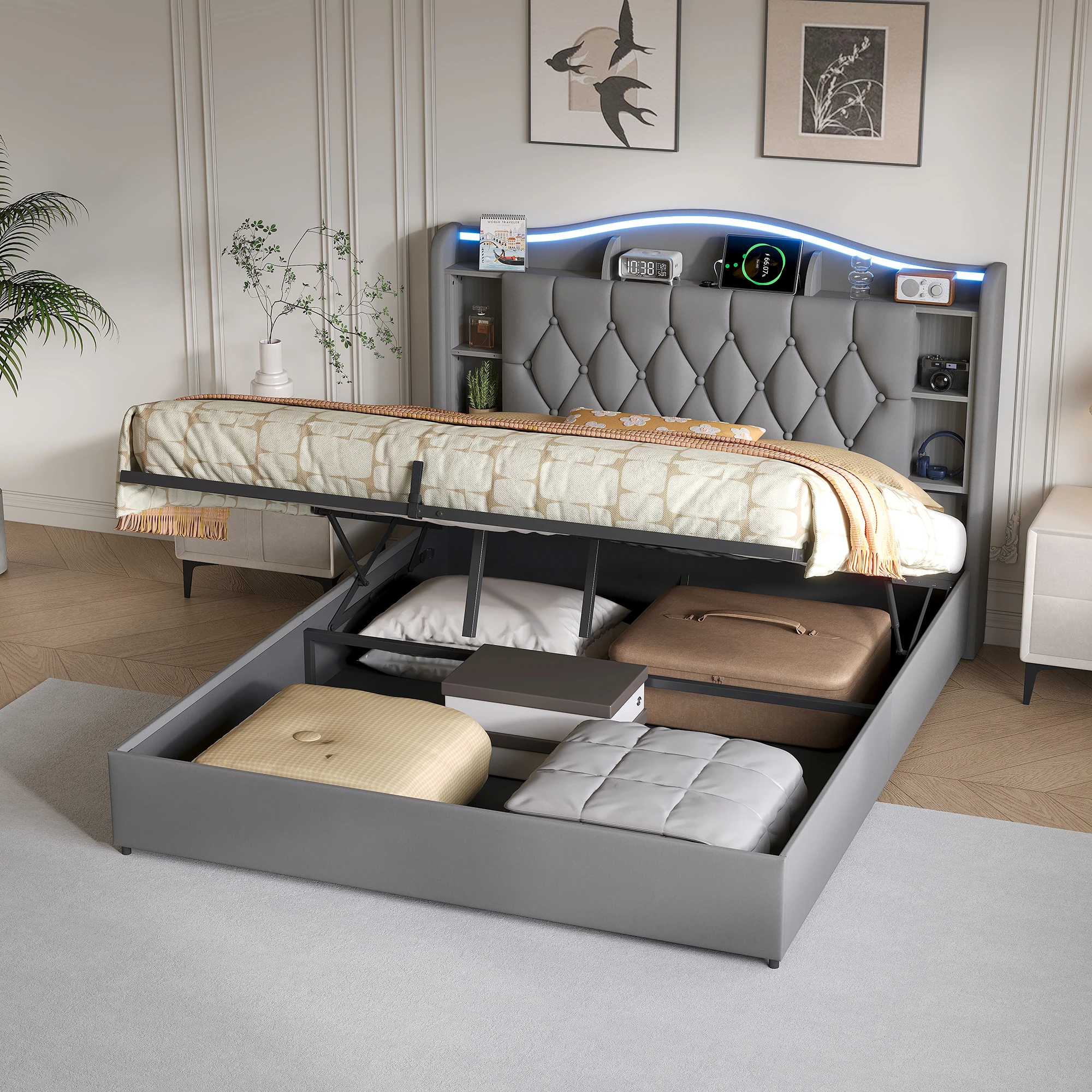 Comanlai, 140 × 200 cm, Doppelbettgestell, hydraulisches Bett, gepolstertes Bett, Bett für Erwachsene, Bettgestell mit großem Stauraum, Jugendbett, Schlafbett, Bett für Hotel- und Gästehauszimmer,