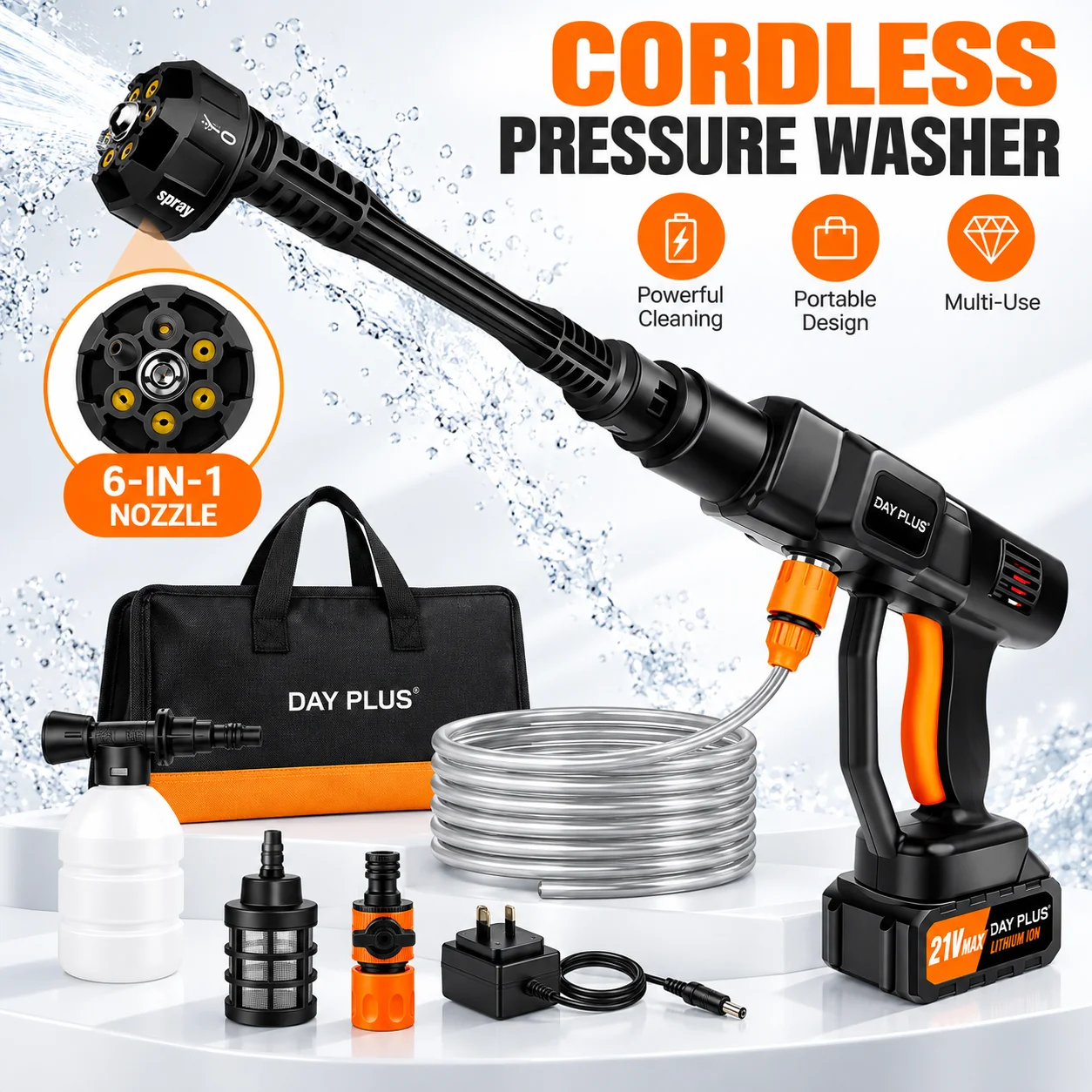 6 in 1 Cordless Pressure Car Washer, 21V Cordless Cleaning Water Gun, Wireless Portable Jet Washing Machine with 2x3000mAh Battery, 16.4FT Hose Pressure Cleaner for Car, Floor, Garden Cleaning and