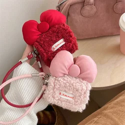 Cute Bow Plush Earphone Case For Apple Airpods 4 3 2 Cover with Hand Strap Kawaii Fluffy Headphone Charging Cases For Airpod Pro