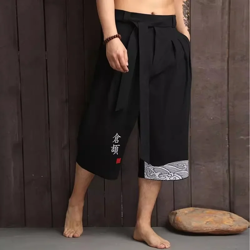 Pantalon traditionnel Kimono japonais pour hommes, vêtements asiatiques, pantalon de bain décontracté, ample, Style japonais, Yukata, pantalon court en lin